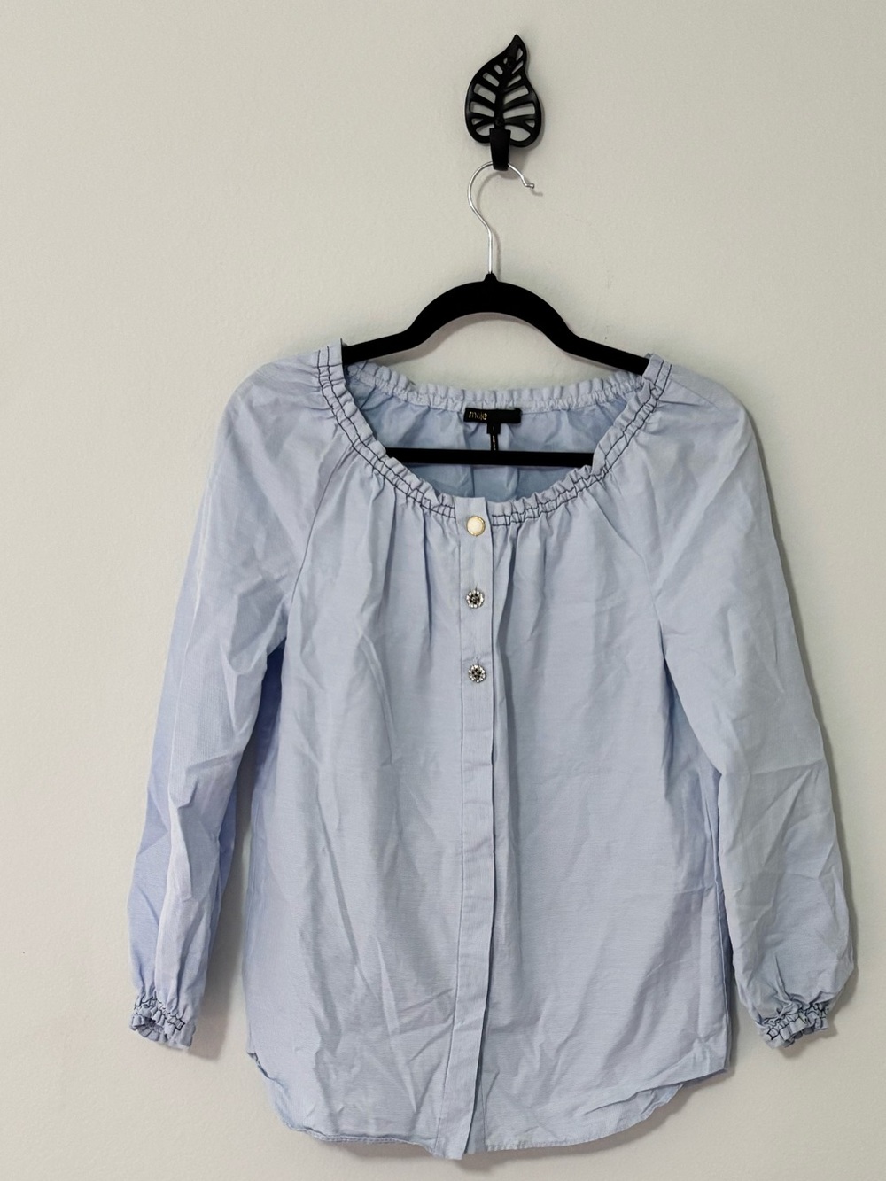 Maje Blue Striped Blouse Jeweled Buttons Elastic Neck M